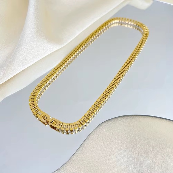 18K Gold Plated CZ Baguette Tennis Necklace - Picture 4 of 12